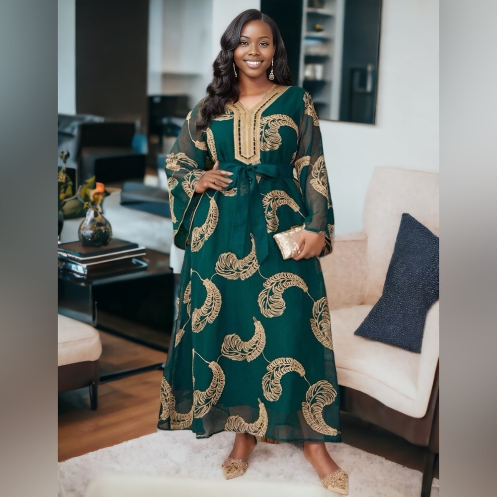Feather Print Green Flow Dress, Sizes 0XL - 4XL (US 12 - 20)